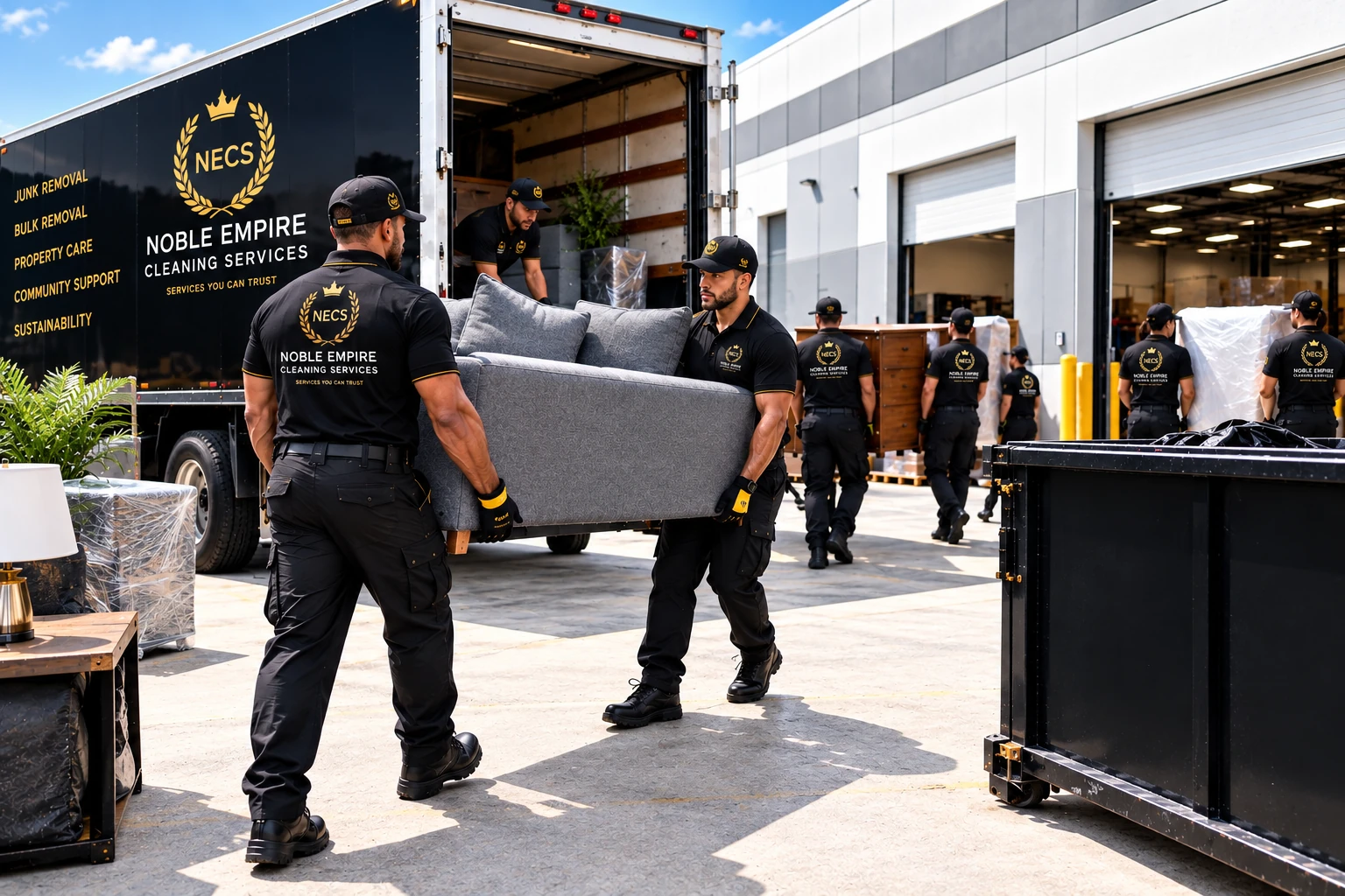 NECS crew removing furniture and loading a bulk-removal truck at a warehouse