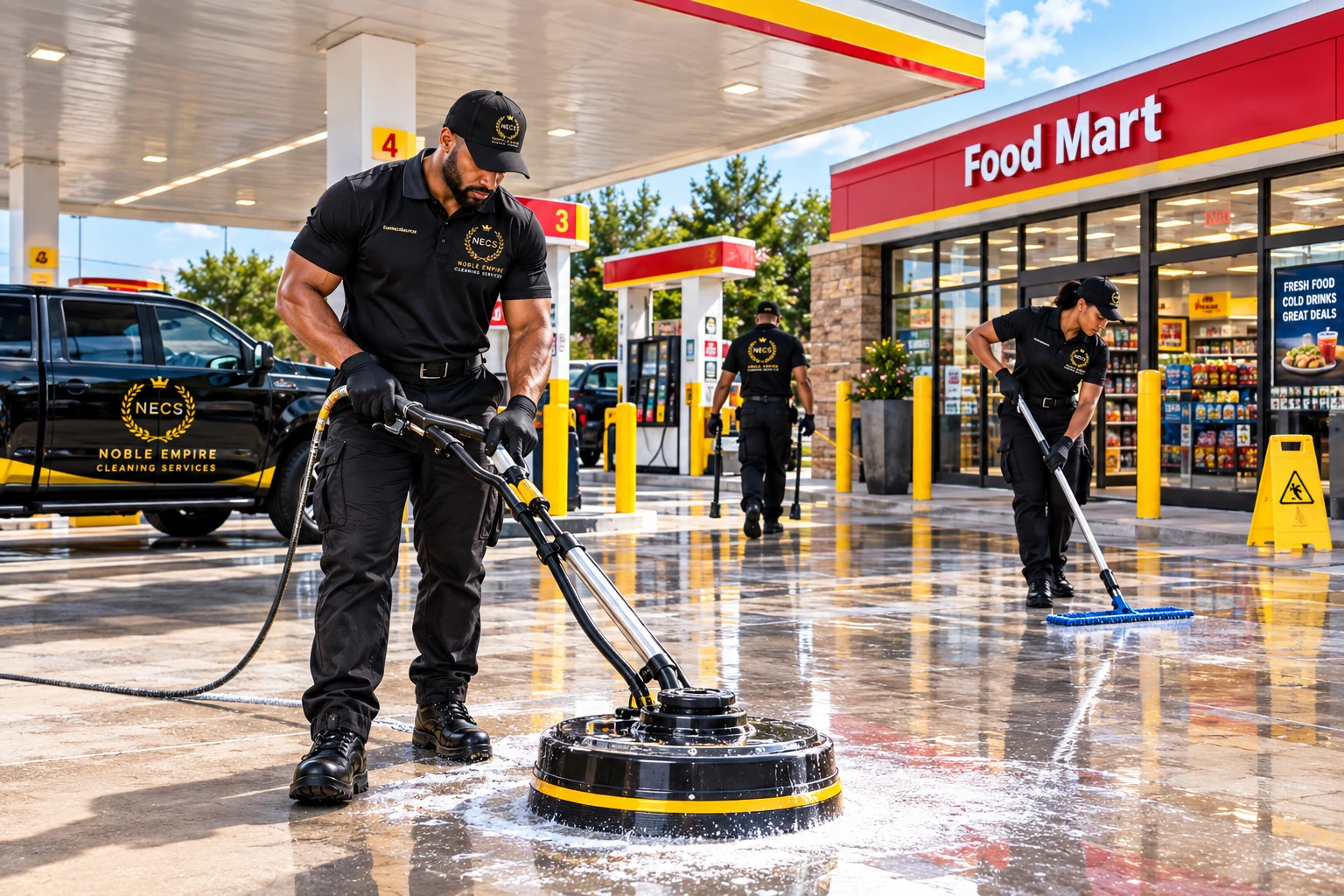 NECS crew cleaning a gas station forecourt and convenience-store entrance